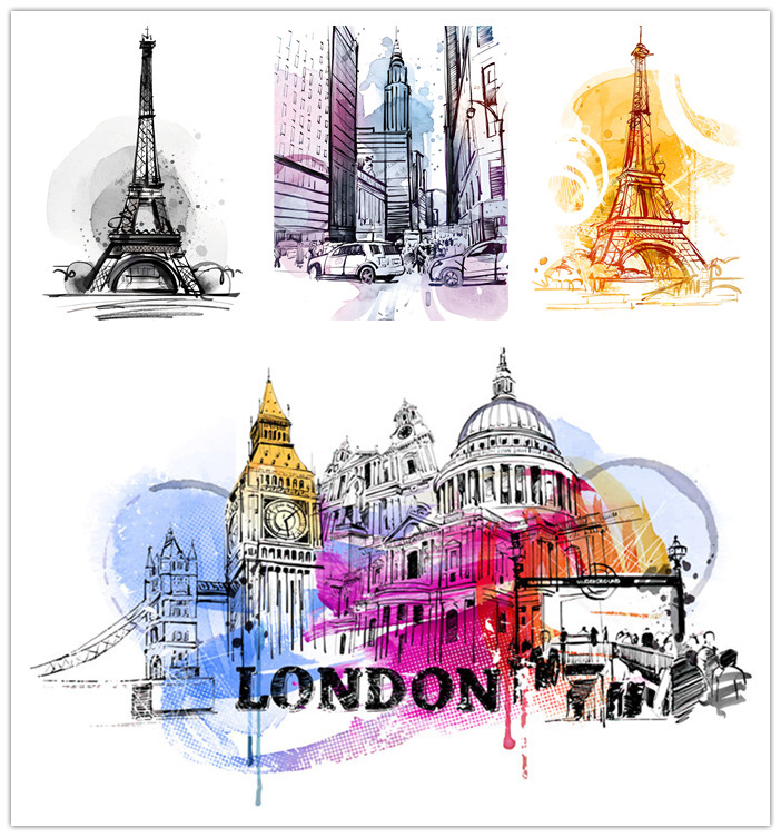 A1441矢量彩色水彩涂鸦风格手绘巴黎铁塔城市伦敦建筑 AI设计素材