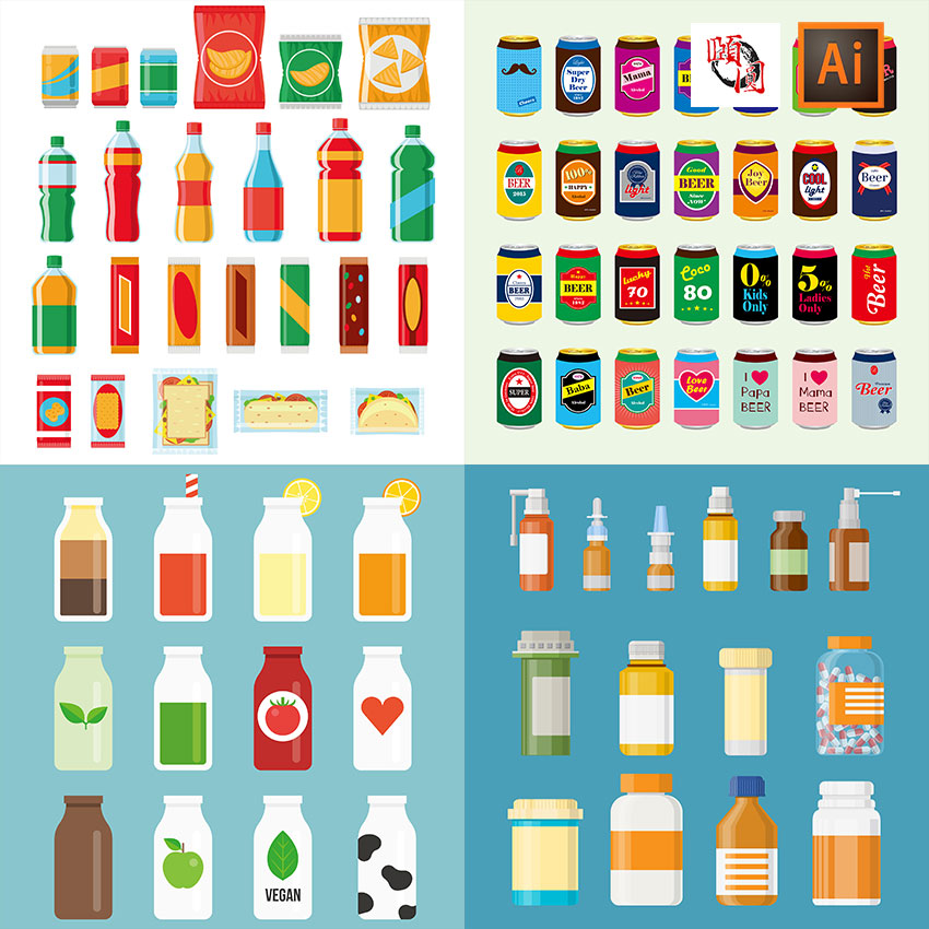 各种生活用品拼字罐子饮料果汁等图标AI矢量设计素材