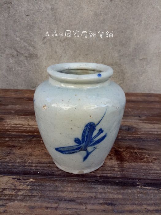 日本粗陶民国时期青花手拉陶土多肉花器罐子古董家居装饰花瓶摆件