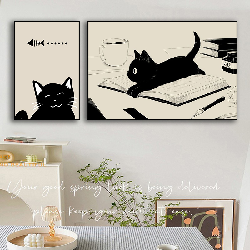 黑白猫咪装饰画北欧卡通可爱动物卧室房间书桌壁画客厅餐厅挂画