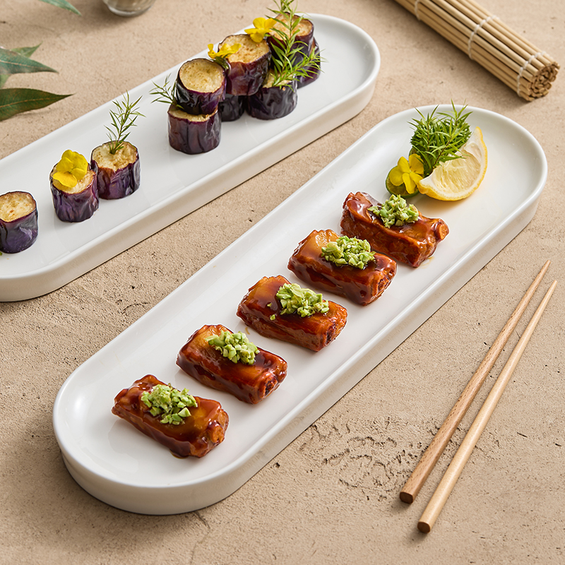 寿司摆盘日式白色意境菜私房中式酒店餐具创意蛋糕点心盘子长条盘