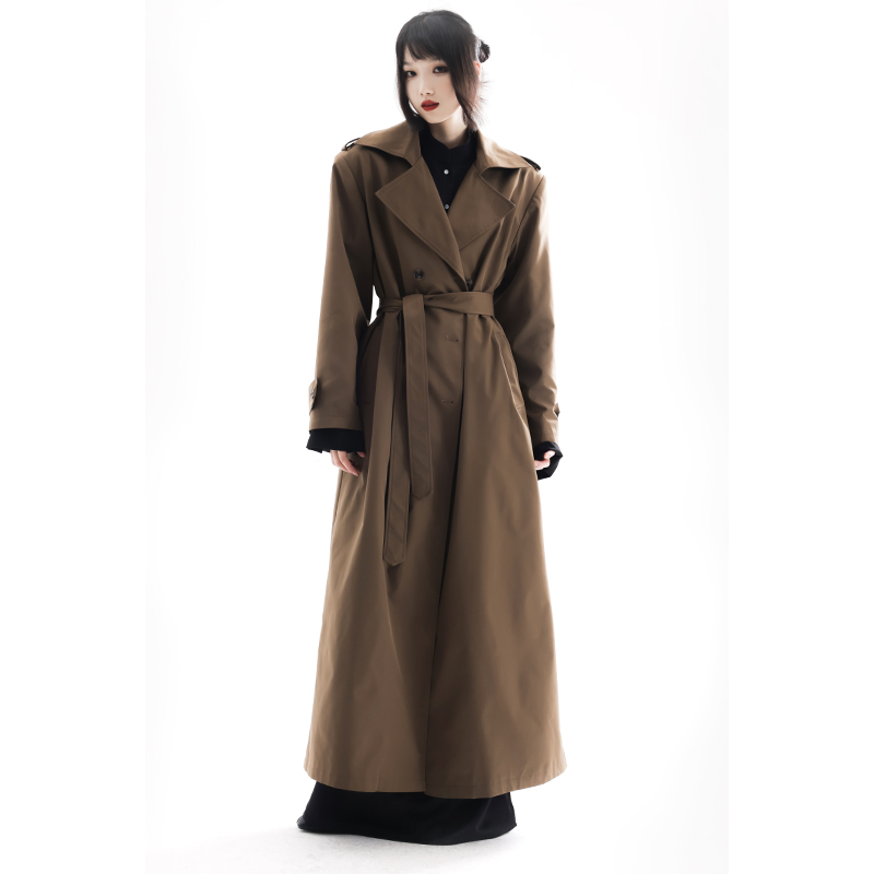 APOZi collection原创自制深棕色交叉领风衣超长大衣2023垫肩外套