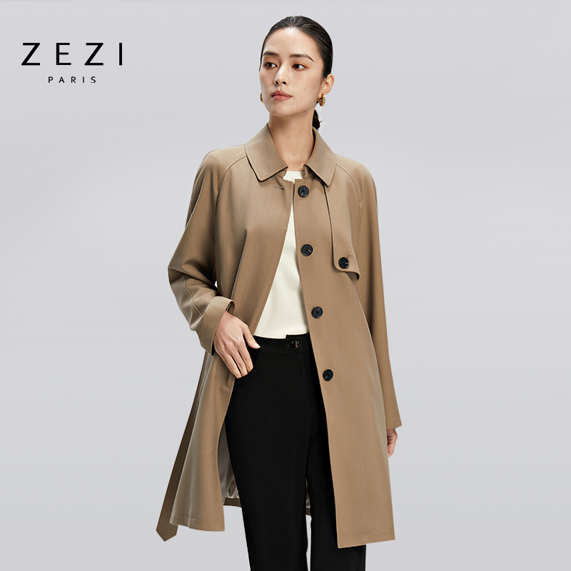 zezi风衣女长款精纺羊毛修身外套灰色女装今年流行气质通勤大衣