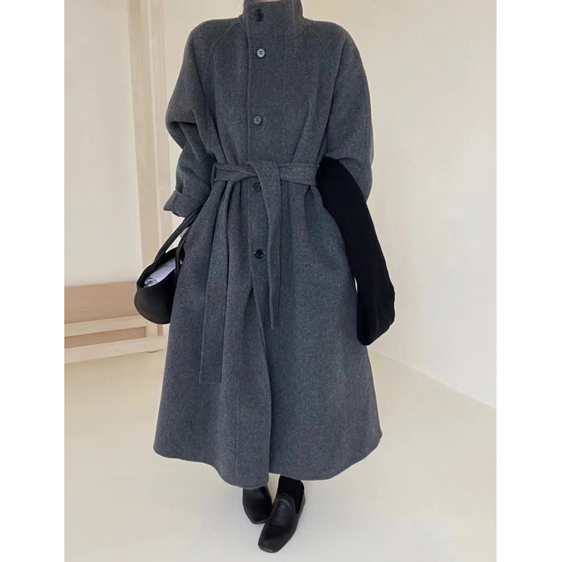 韩国羊毛外套灰色2023冬新款高级感黑色中长款澳毛双面羊绒大衣女
