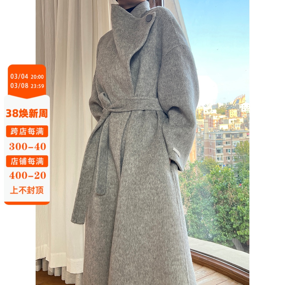 大连东越韩国设计师款立领双面羊绒大衣女中长款灰色高级毛呢外套