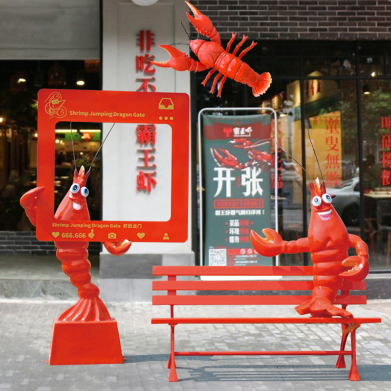 卡通小龙虾雕塑海鲜馆门口迎宾摆件大排档店招牌发光仿真螃蟹模型