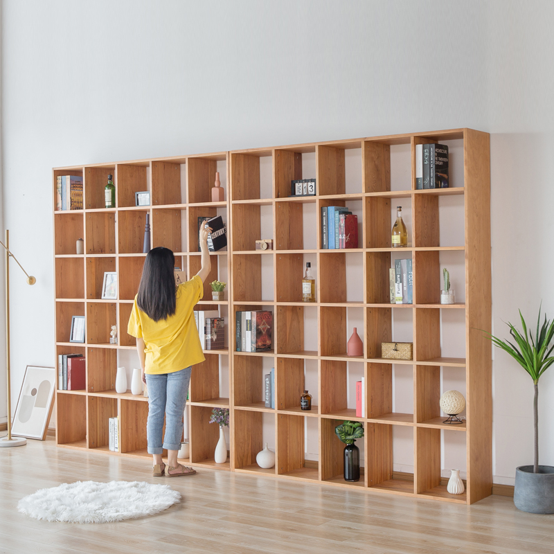 实木书架落地日式樱桃木格子书柜一体整墙北欧定制尺寸原木置物架