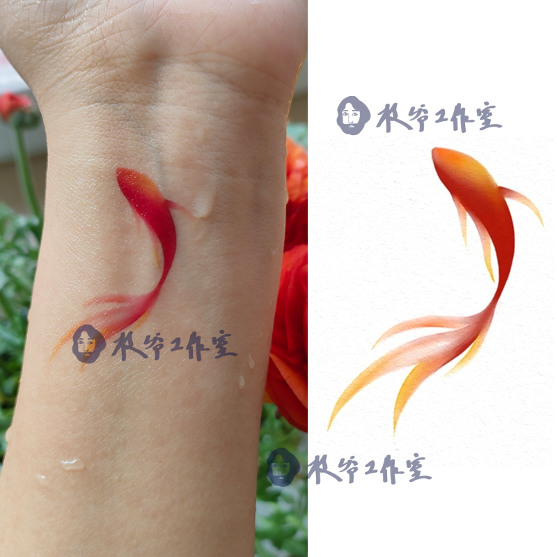 枝爷金鱼纹身贴红色小锦鲤可爱少女唯美古风中国风手腕锁骨小鱼儿