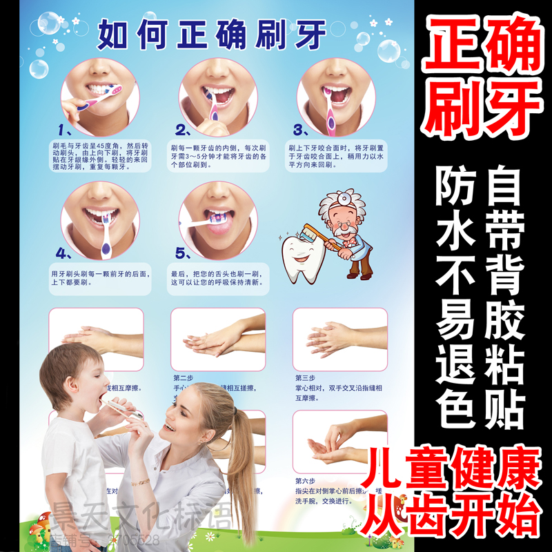 幼儿正确刷牙方法儿童刷牙步骤图刷牙儿歌口诀表诊所牙科口腔贴画