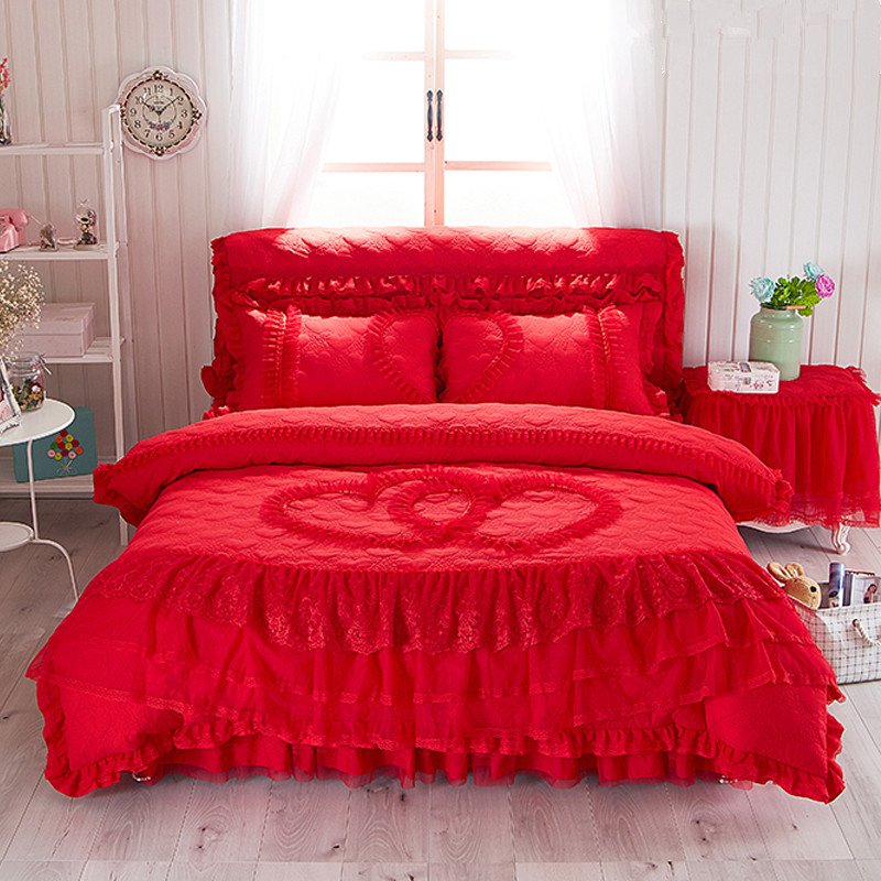 婚庆大红色床裙四件套结婚被子夹棉床罩款床上蕾丝花边床单被罩套