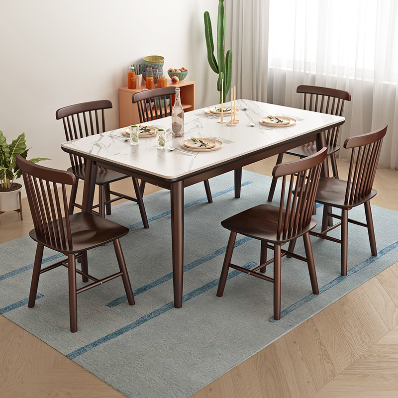 胡桃岩板餐桌椅组合全实木现代简约家用小户型吃饭桌子长方形北欧