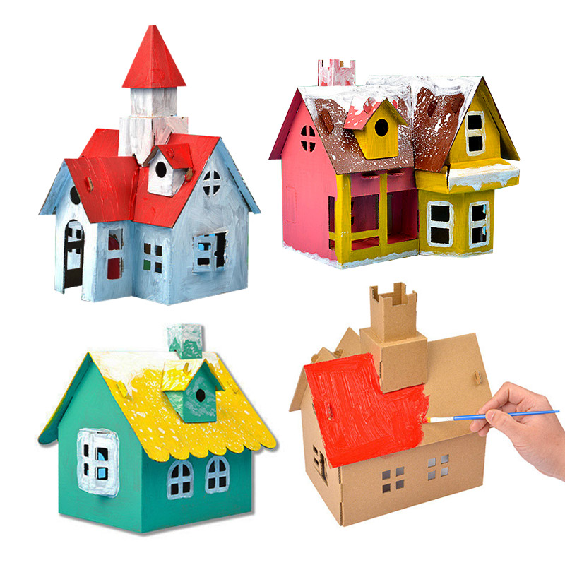 儿童节DIY手工纸屋拼装小屋 幼儿园涂色纸盒房屋纸板房子环创玩具