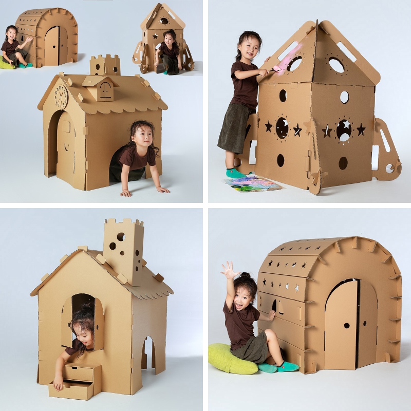 纸板房子纸箱模型手工制作DIY5幼儿园儿童穿戴简单涂色拼插玩具屋