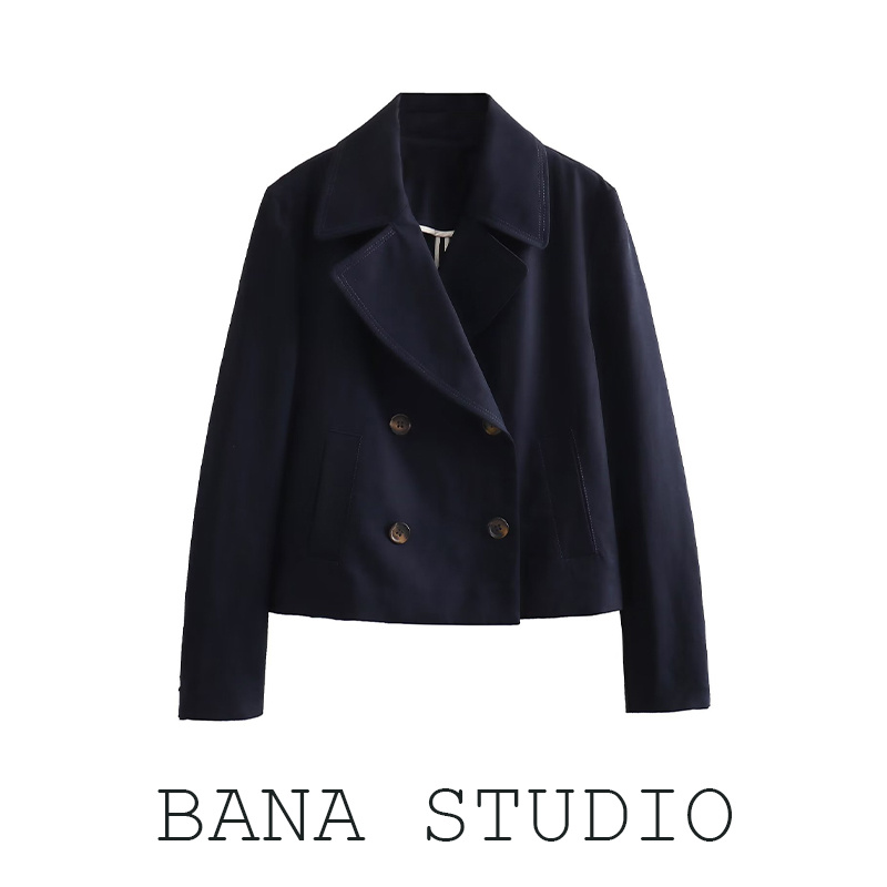 BANA外贸西班牙ZA单英伦风双排扣藏青色短款风衣外套女通勤OL夹克