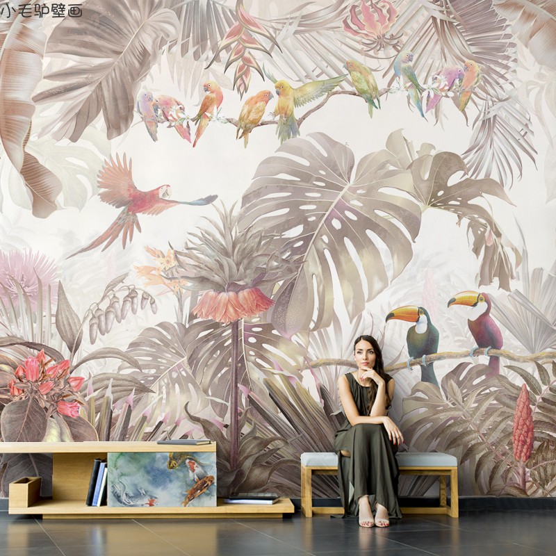 北欧温馨动物乐园墙纸美式客厅壁纸热带雨林电视背景墙布定制壁画
