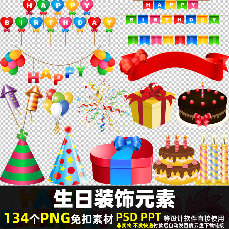生日装饰元素PNG免扣背景素材 PSD 卡通蛋糕请柬贺卡图片打印 PPT