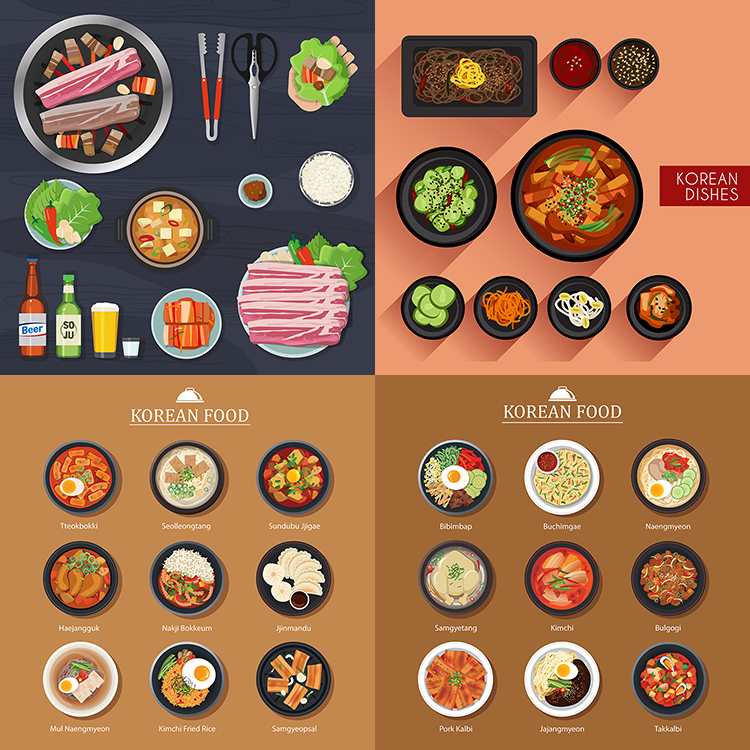 韩国料理图标 卡通凉拌菜烤肉烧酒食物美食 AI格式矢量设计素材