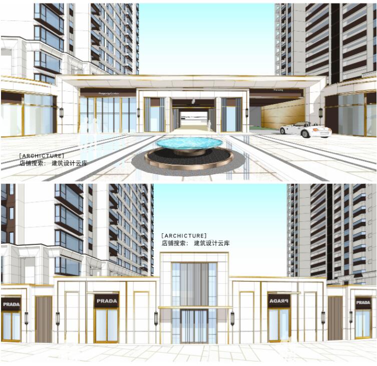 新中式风格高层小区公寓住宅楼大门入口su模型