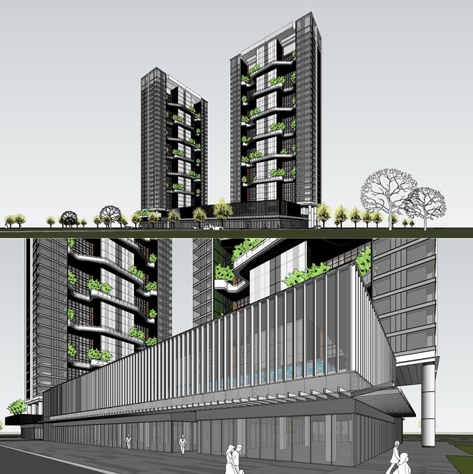 草图大师多层公寓创意绿色节能户外连廊垂直绿化入口建筑SU模型
