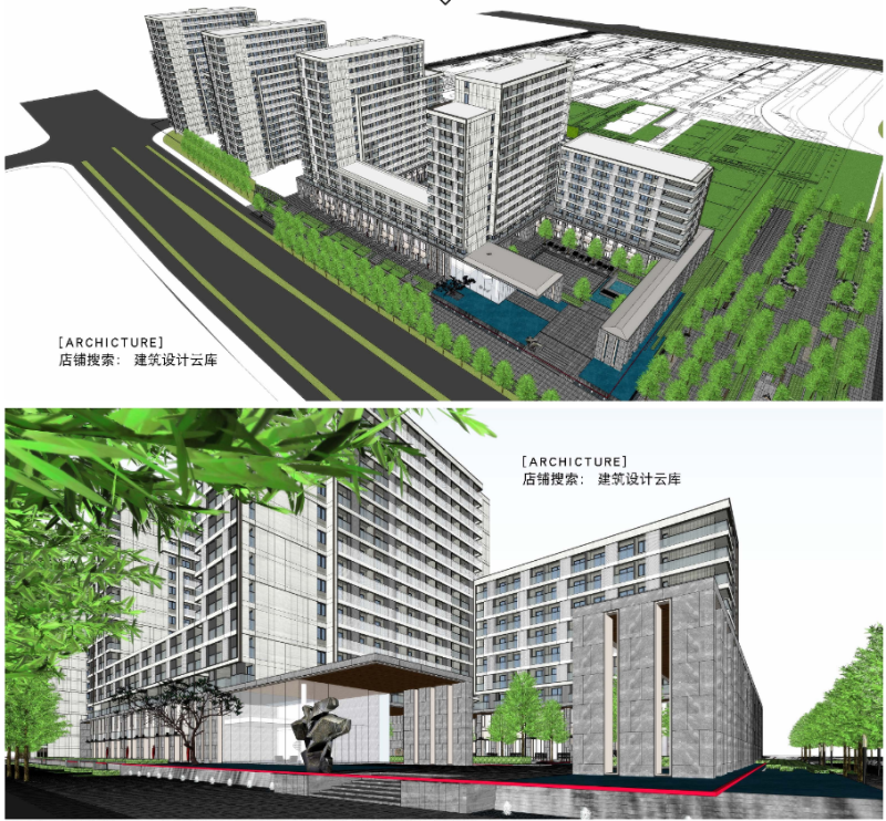 现代公建化公寓住宅小区示范区主入口精品沿街两层底商su模型