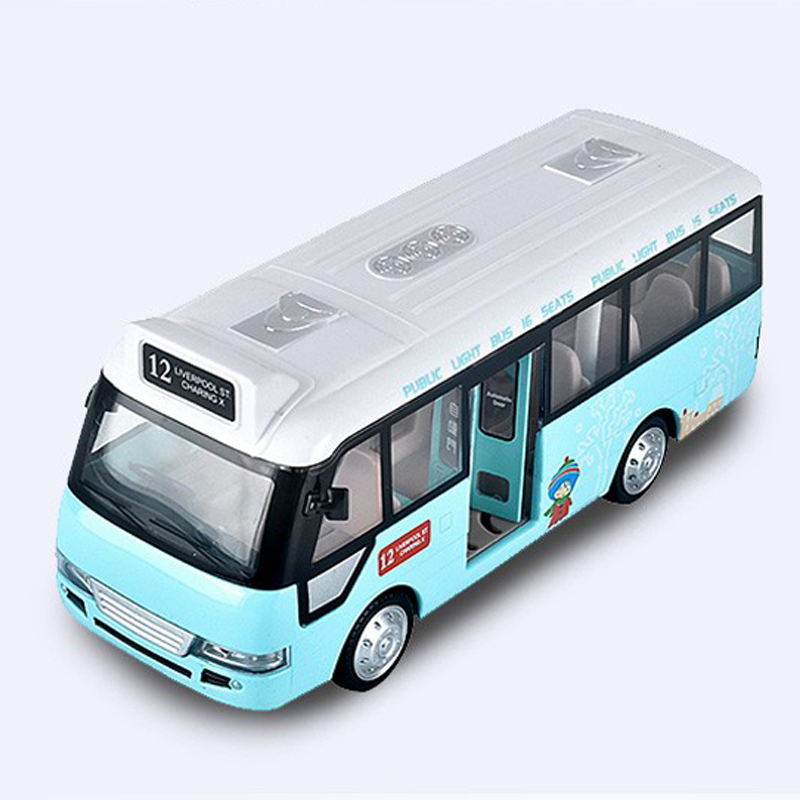 彩珀成真1:48合金粉蓝色公交小中校巴士车模型开门回力儿童玩具男