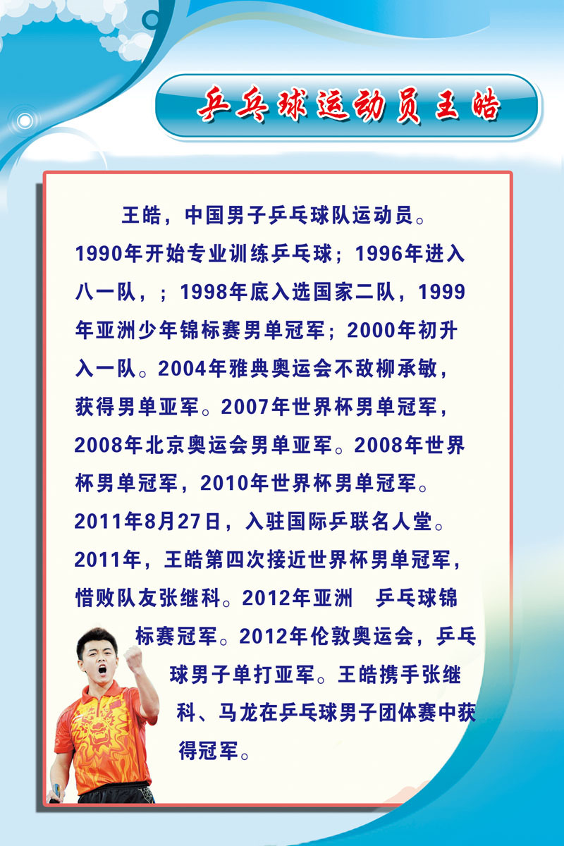 641居家海报展板喷绘贴纸素材604校园乒乓球运动员王皓简介