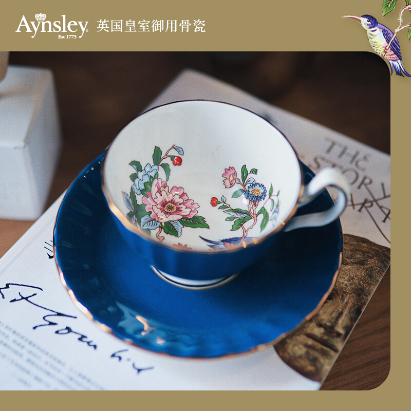英国Aynsley安斯丽色釉雀鸟英式骨瓷咖啡杯礼盒高颜值下午茶茶具