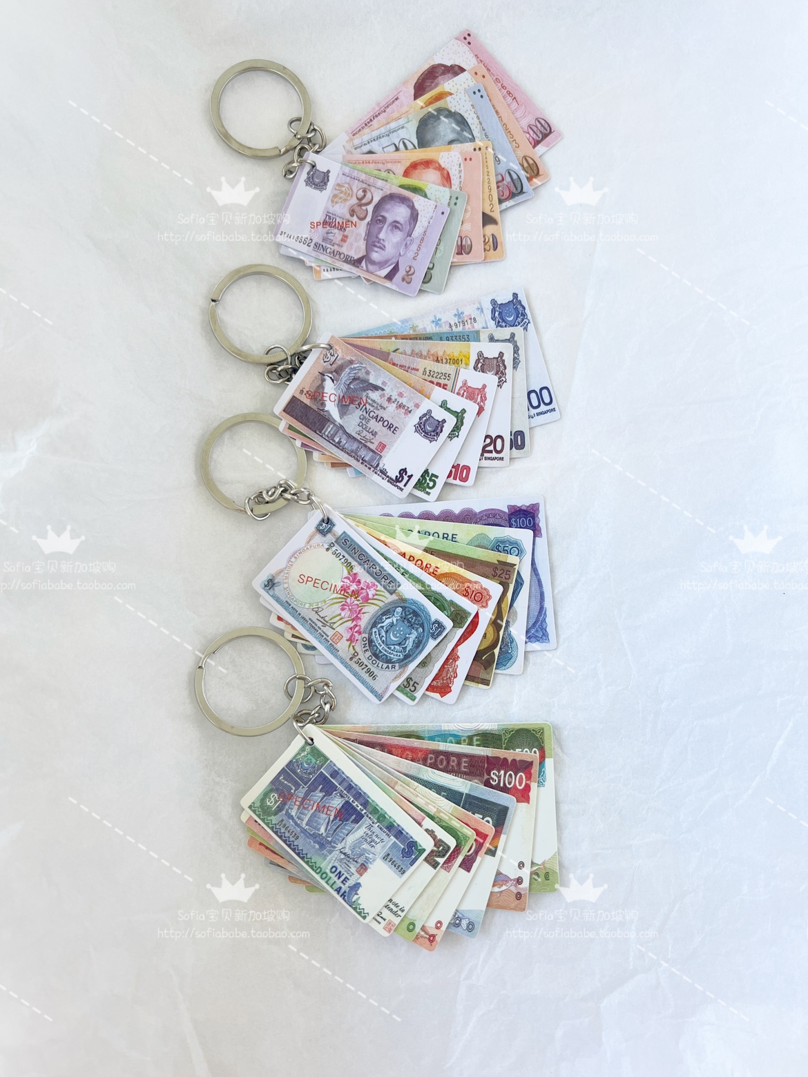 现货新加坡旅游纪念品手信钥匙扣胡姬花系列钱币纸币样本钥匙扣