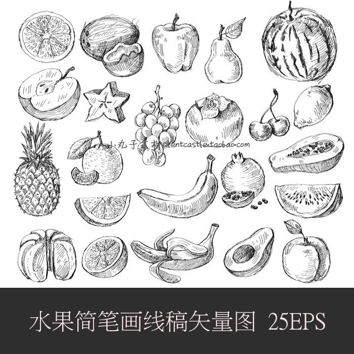 A0529矢量AI设计素材 手绘水果香蕉菠萝西瓜榴莲简笔画线稿插画