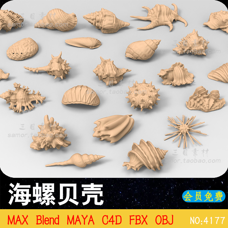 海洋贝壳海螺贝类动物OBJ白模3D素材MAX设计建模渲染C4D模型Blend