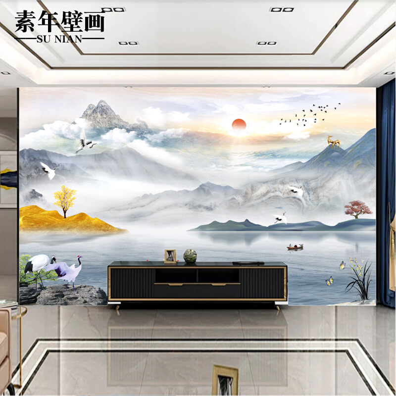 2023新款电视墙背景墙贴自粘壁纸客厅沙发装饰壁画中式影视墙壁布