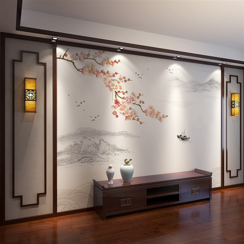 新中式水墨山水画电视背景墙壁纸自粘花鸟客厅沙发影视墙贴画墙布