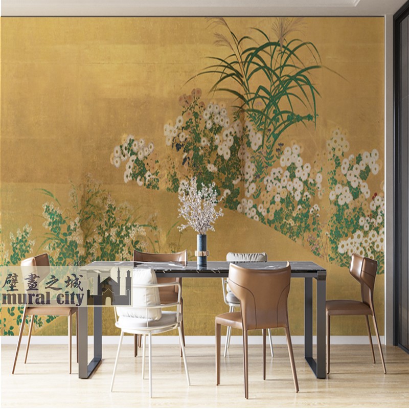 日式花草雏菊画墙布日本屏风画山水意境壁纸和风日系浮世绘背景墙