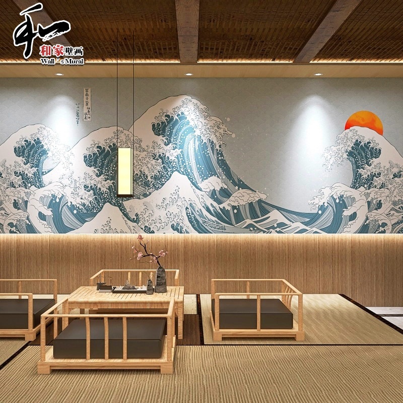 日式和风浮世绘海浪壁纸神奈川冲浪壁画日本居酒屋寿司料理店墙纸
