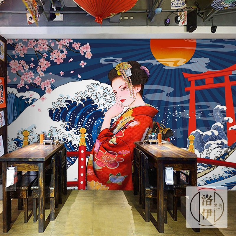 日式风格仕女图壁纸艺妓墙布壁画日本居酒屋剧本杀和风浮世绘墙纸