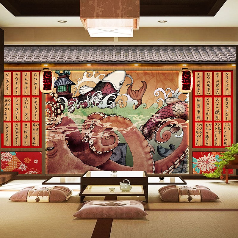 日式墙面装饰浮世绘壁纸日本居酒屋寿司店墙纸剧本杀餐厅背景壁画