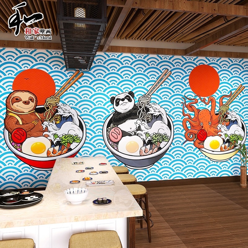 卡通日式餐厅料理店墙纸日本和风浮世绘壁画寿司店拉面馆装饰壁纸