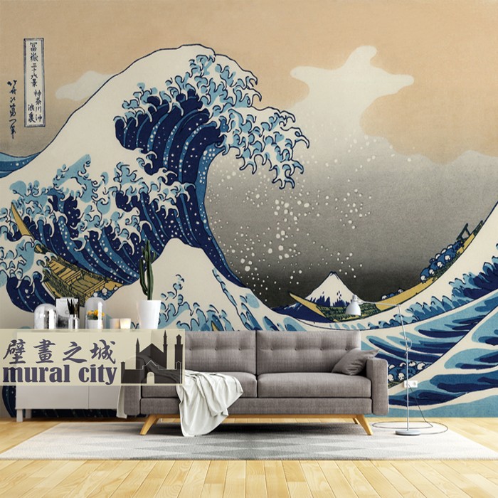 日式和风海浪浮世绘墙纸神奈川冲浪里墙布日系剧本杀店壁纸背景画