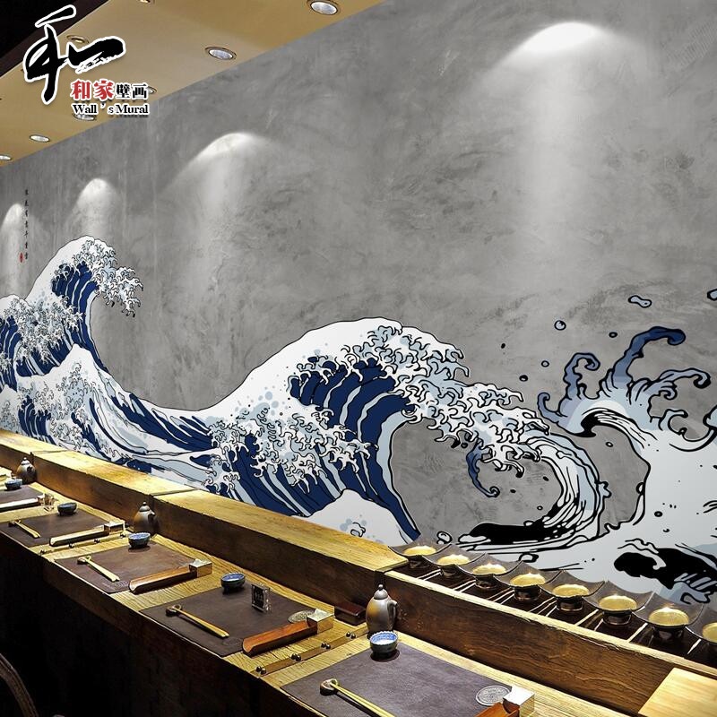 日式和风浮世绘海浪水泥墙壁纸复古日本居酒屋寿司料理店餐厅墙纸