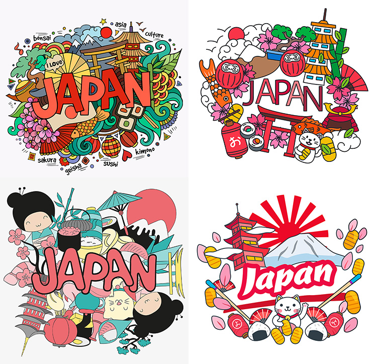 日本风格插画 4款日式日系卡通风格图案 AI格式矢量设计素材