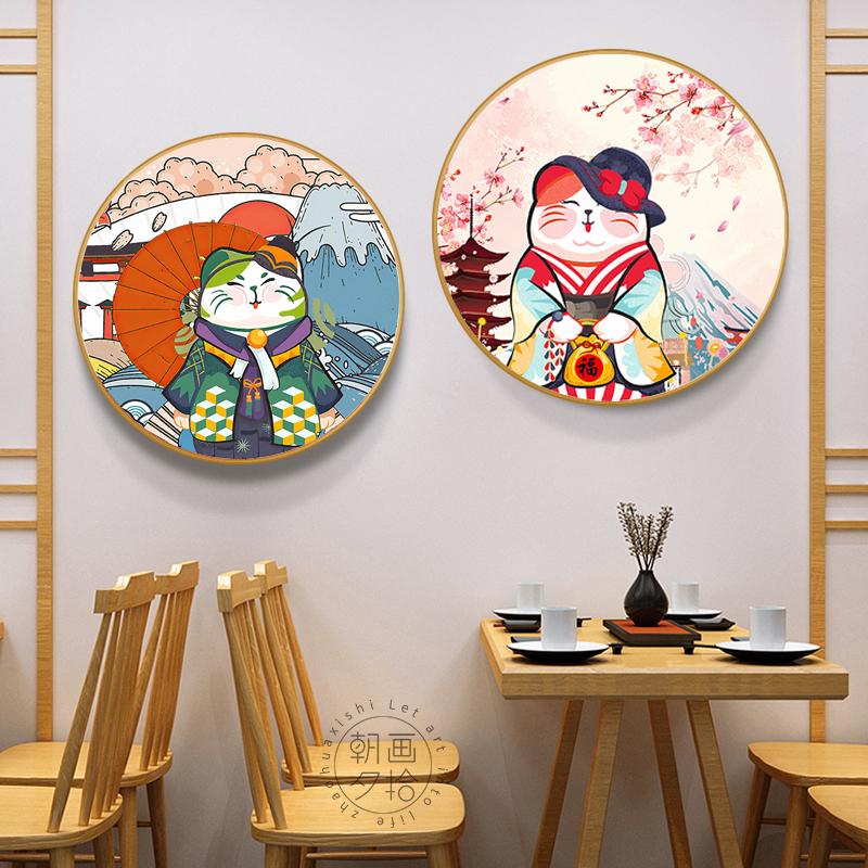 日式招财猫装饰画 日本风格 餐厅寿司店壁画 和风圆形挂画