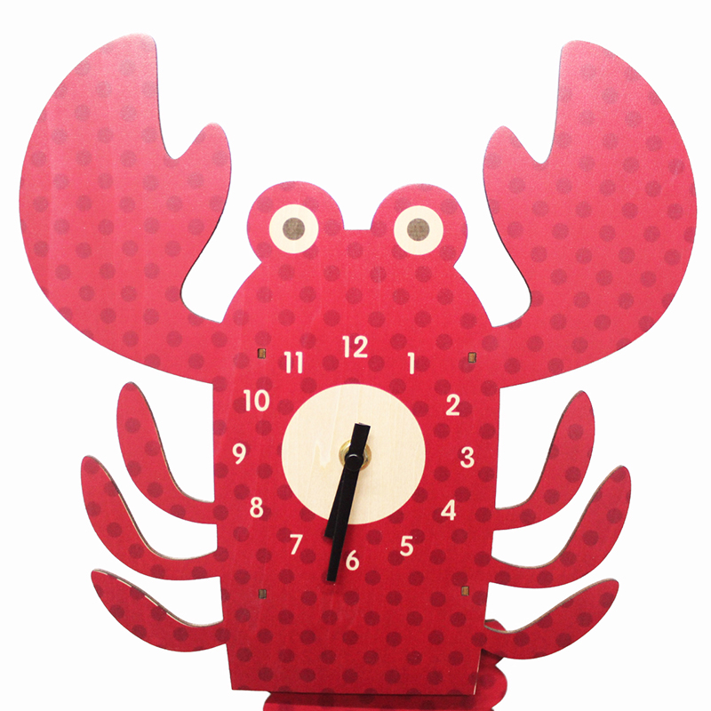 新款创意儿童房红色龙虾卡通木质摆幼儿园钟挂钟卡通创意钟表