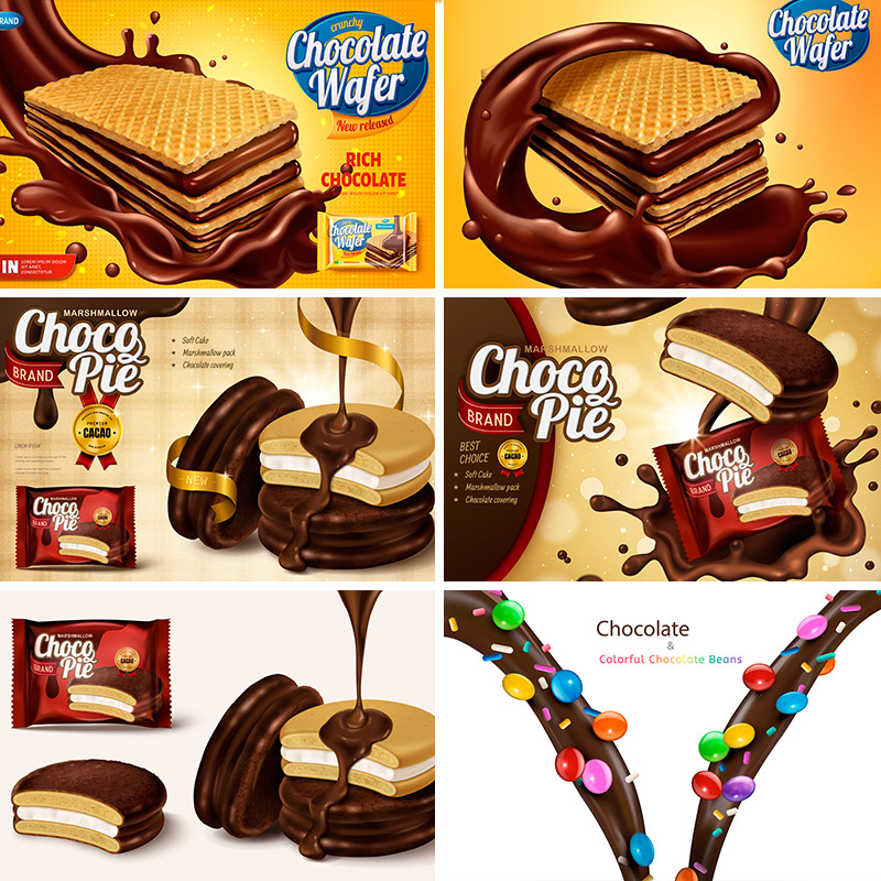 美食甜品流动巧克力威化饼干蛋糕彩虹糖广告图矢量设计素材92504