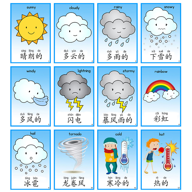Weather天气季节四季认知语言训练英语单词卡片宝宝早教幼儿教具