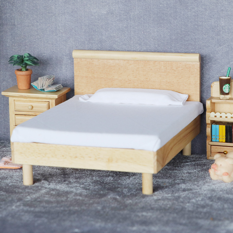 DollHouse娃娃屋BJD微缩模型OB11迷你卧室现代原木色实木双人床