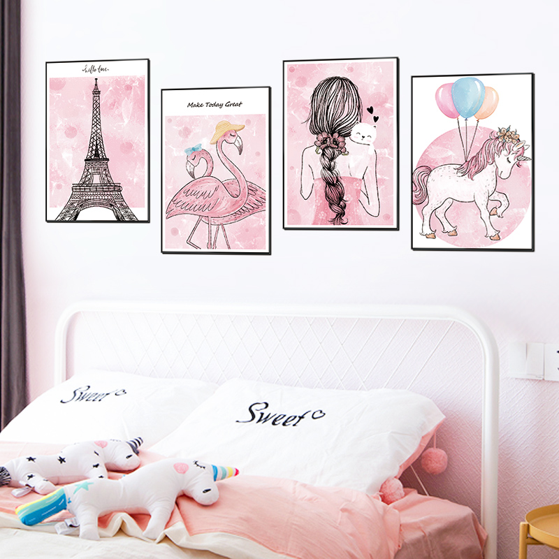 儿童房装饰贴画客厅墙壁墙纸卡通女孩房间粉红少女壁画独角兽贴纸
