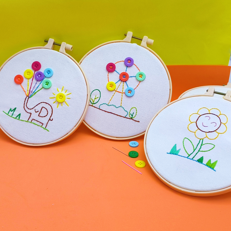 儿童刺绣手工diy材料包小学生简单幼儿园塑料针绣花卡通缝纽扣画