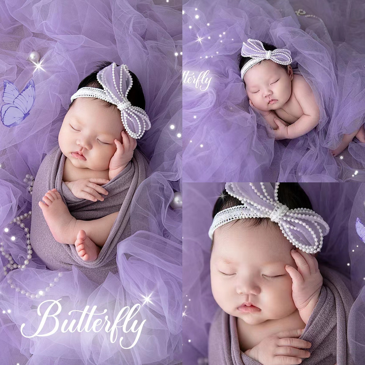 新生儿满月摄影裹布影楼拍照紫色套装婴儿蝴蝶结头饰配梦幻纱写真