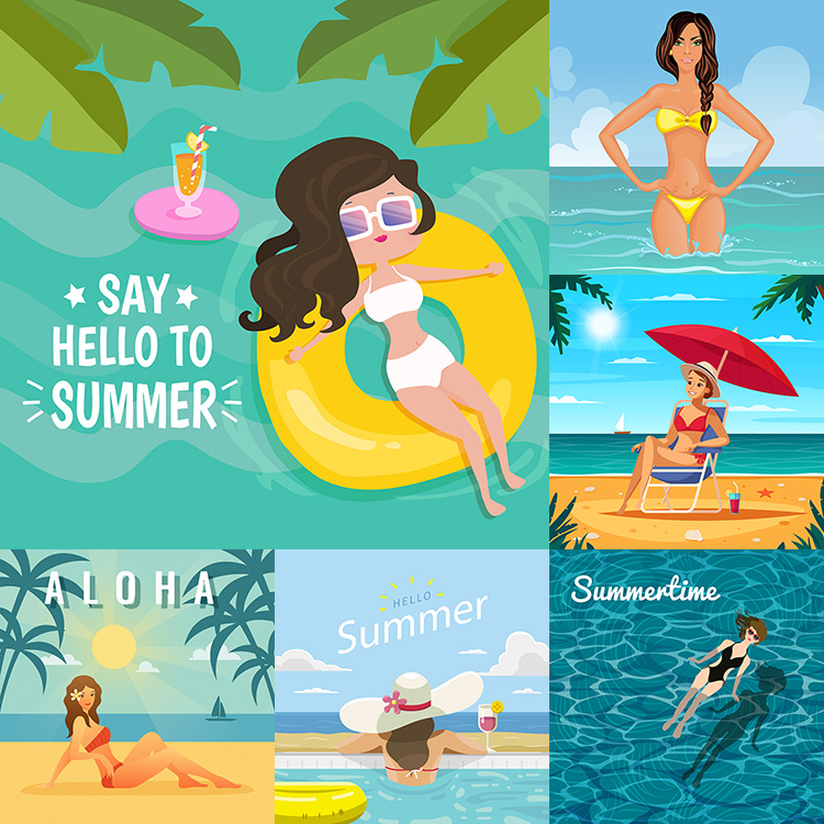 泳装美女插画 夏季海边度假旅游日光浴海报 AI格式矢量设计素材