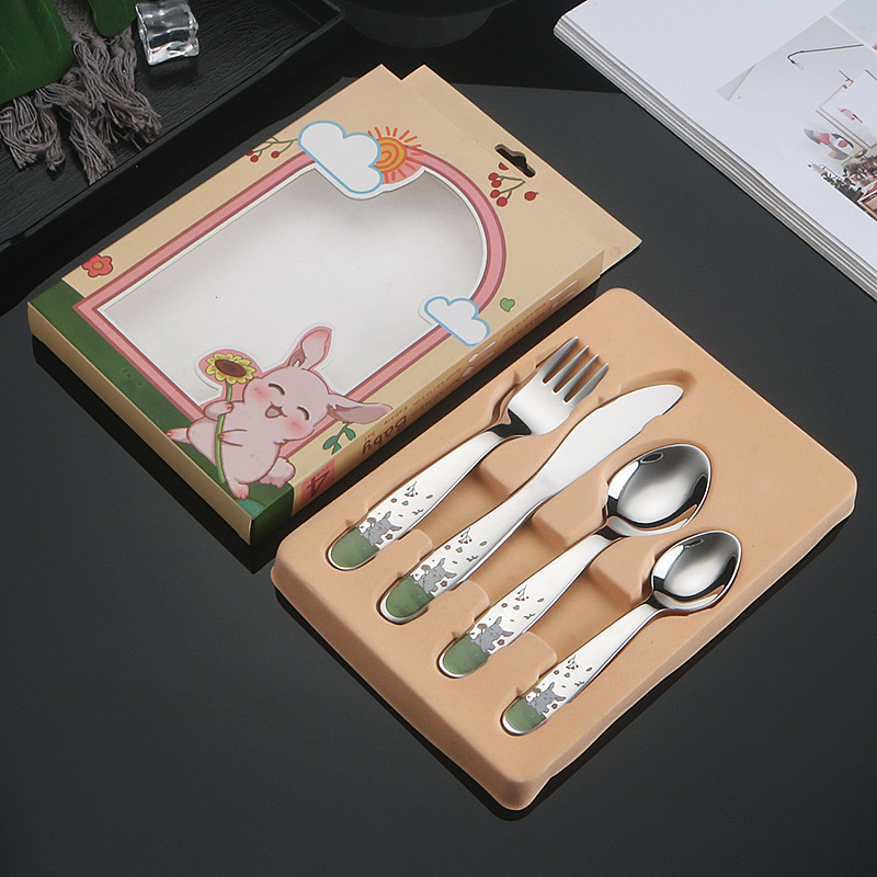 304不锈钢儿童勺子叉子西餐刀叉勺套装卡通小兔子礼盒四件套餐具